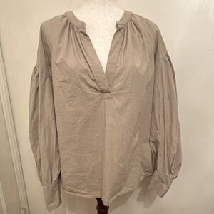 Banana Republic Women's XL Beige Solid Woven 100% Cotton V-Neck Balloon Sleeve